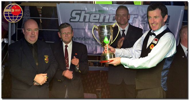 Jim Leacy (IBSF President), Eugene O&#039;Conner (Tournament Director), Steve Lock (WBL Director) with 2013 World Billiards Champion Peter Gilchrist (Singapore)