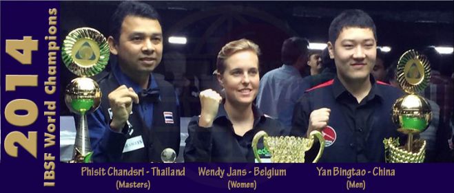 Winners of 2014 IBSF World Championship - Phisit Chandsri (Masters); Wendy Jans (Women); Yan Bingtao (Men)