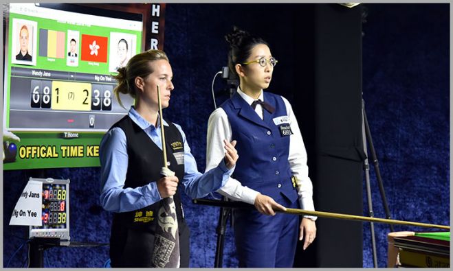 Wendy Jans of Belgium and Ng On Yee of Hong Kong during their quarter final match of 2018 World Women Snooker Championship