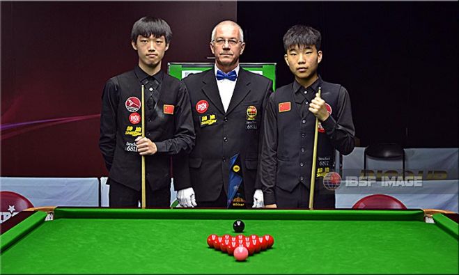 Luo Honghao, Fan Zhengyi of China with Referee in charge Bogdan Gamalet from Romania